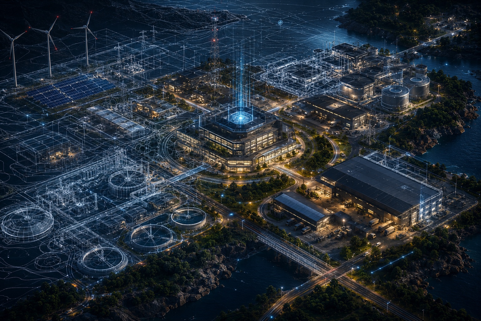 A connected operational site shown as an equal blend of technical wireframe design and rendered infrastructure.