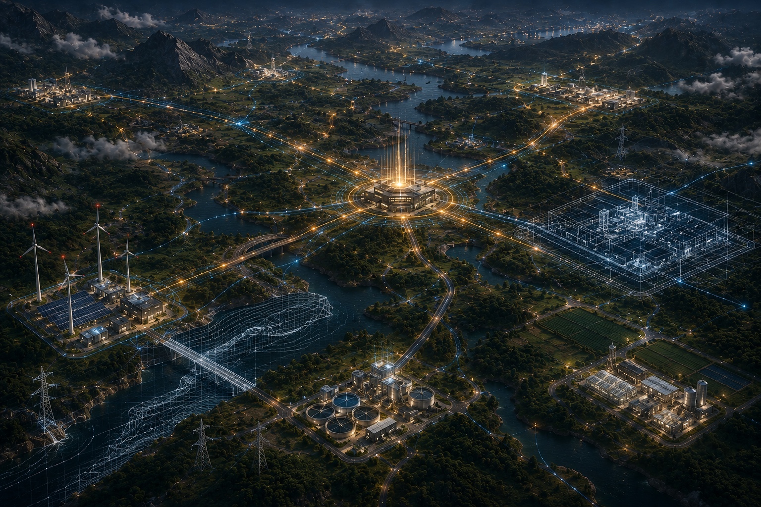 Multiple connected operational sites across a regional landscape with selective technical design overlays.